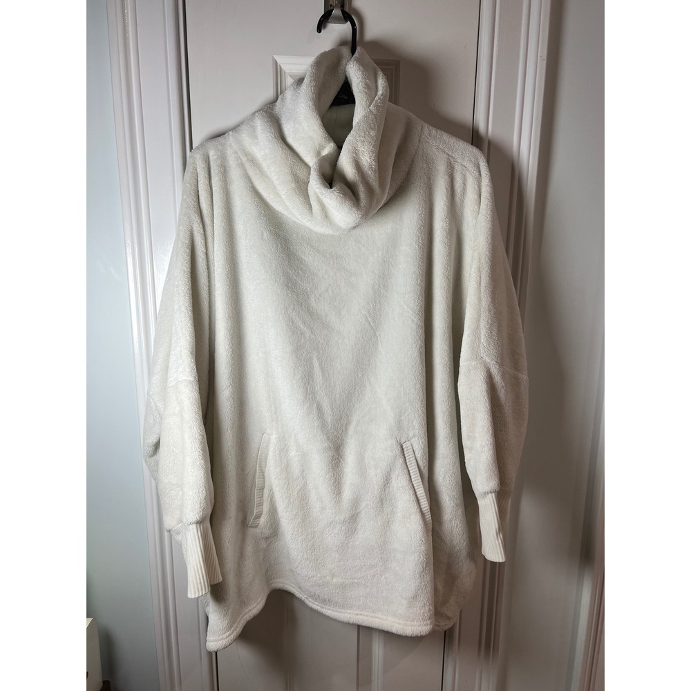 Hue Cream White Plush Cowl Neck Lounge Poncho Oversized Fleece OS Pocket